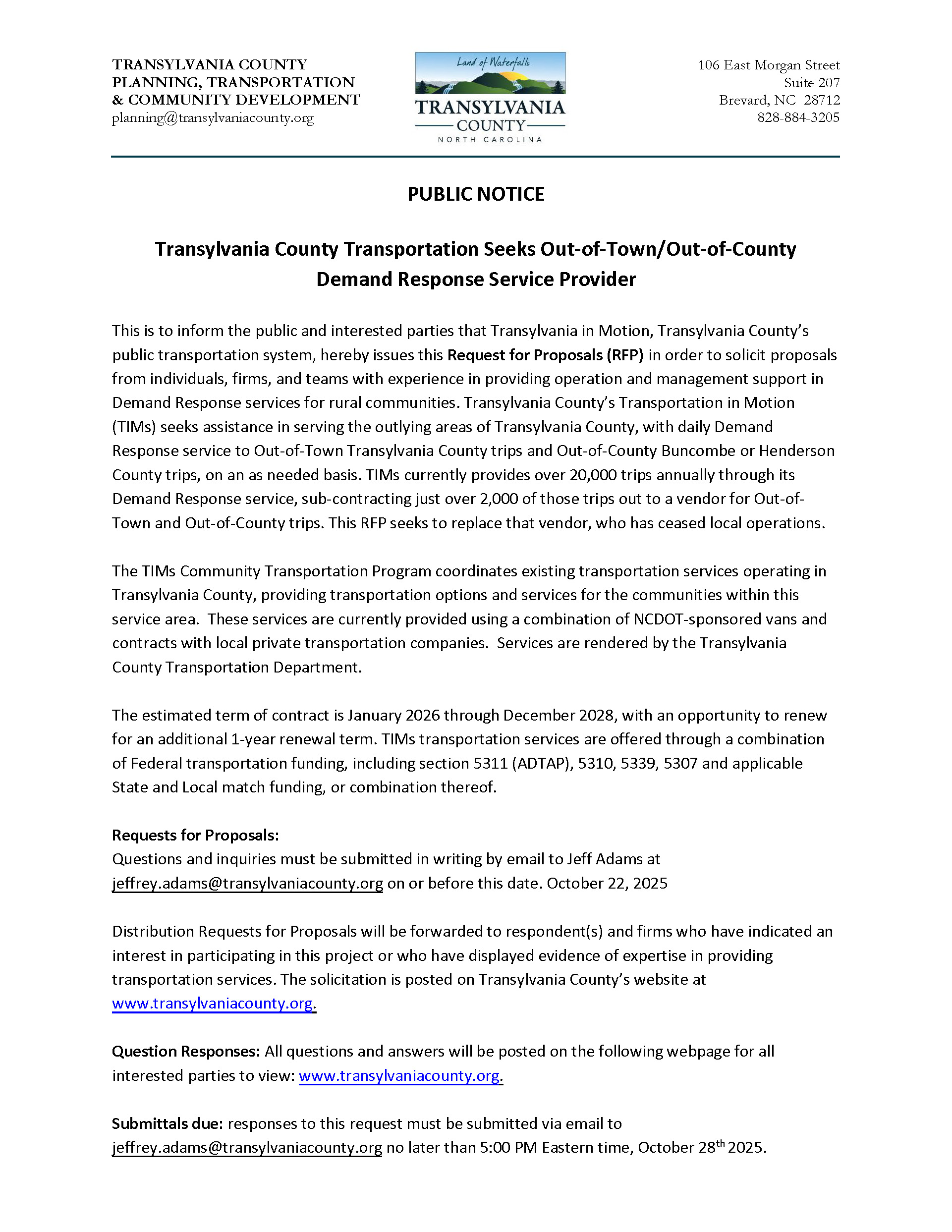 Out-of-Town/Out-of-County Demand Response RFP